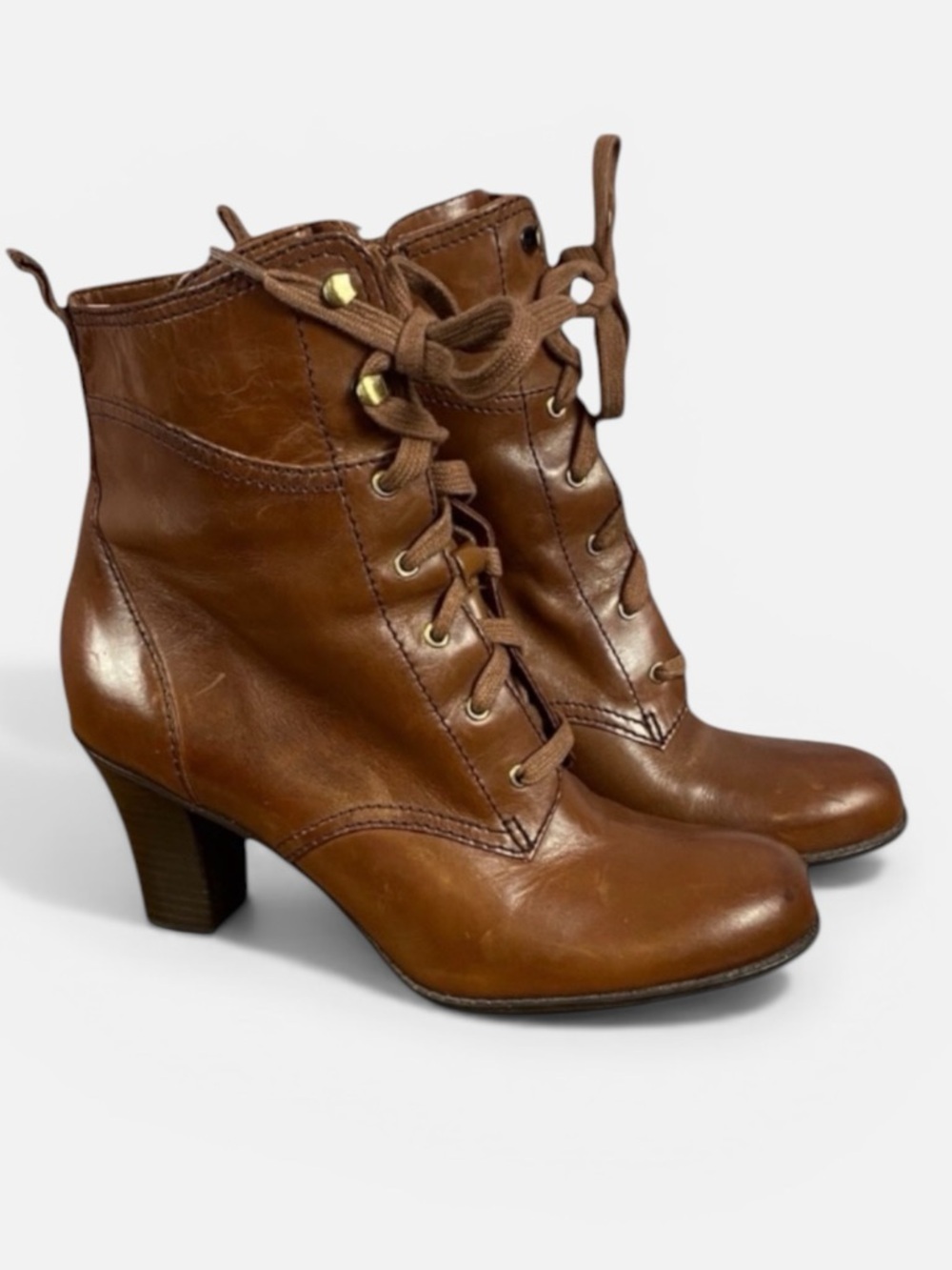 Naturalizer Brown Lace-Up Leather Granny Boho Chic Heeled Ankle Boots Sz 8.5